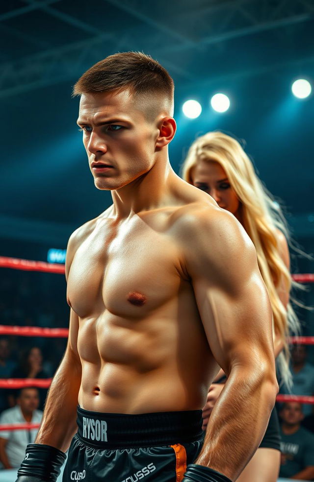 A young Russian fighter with short, dark hair and striking features stands in a wrestling ring, his expression fierce and intense