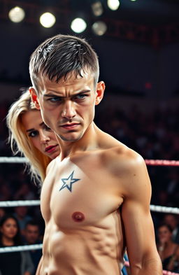 A young Russian fighter with short, dark hair and striking features stands in a wrestling ring, his expression fierce and intense