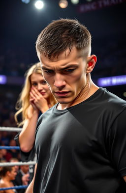 A young Russian fighter with short, dark hair and striking features stands in a wrestling ring, his expression fierce and intense