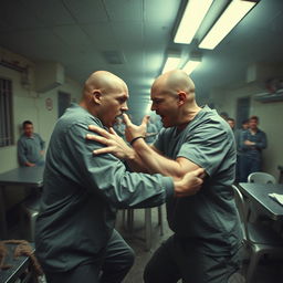 A dramatic scene capturing a CCTV shot of two bald prisoners engaged in a physical altercation within a prison lunch area