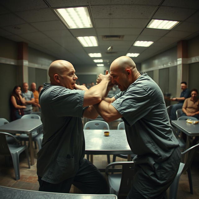 A dramatic scene capturing a CCTV shot of two bald prisoners engaged in a physical altercation within a prison lunch area