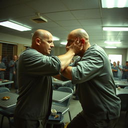 A dramatic scene capturing a CCTV shot of two bald prisoners engaged in a physical altercation within a prison lunch area