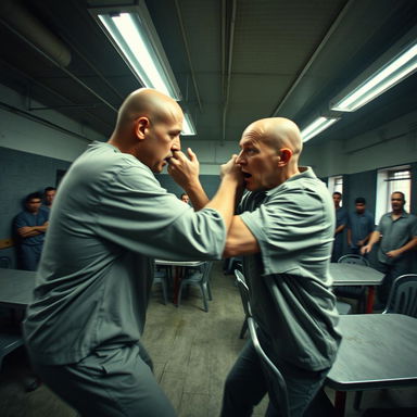 A dramatic scene capturing a CCTV shot of two bald prisoners engaged in a physical altercation within a prison lunch area