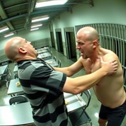 A CCTV shot in a large, industrial-style lunch area where two bald prisoners are engaged in a struggle
