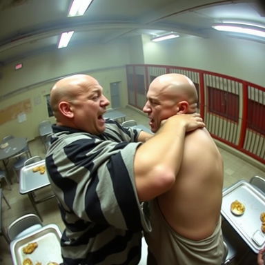 A CCTV shot in a large, industrial-style lunch area where two bald prisoners are engaged in a struggle