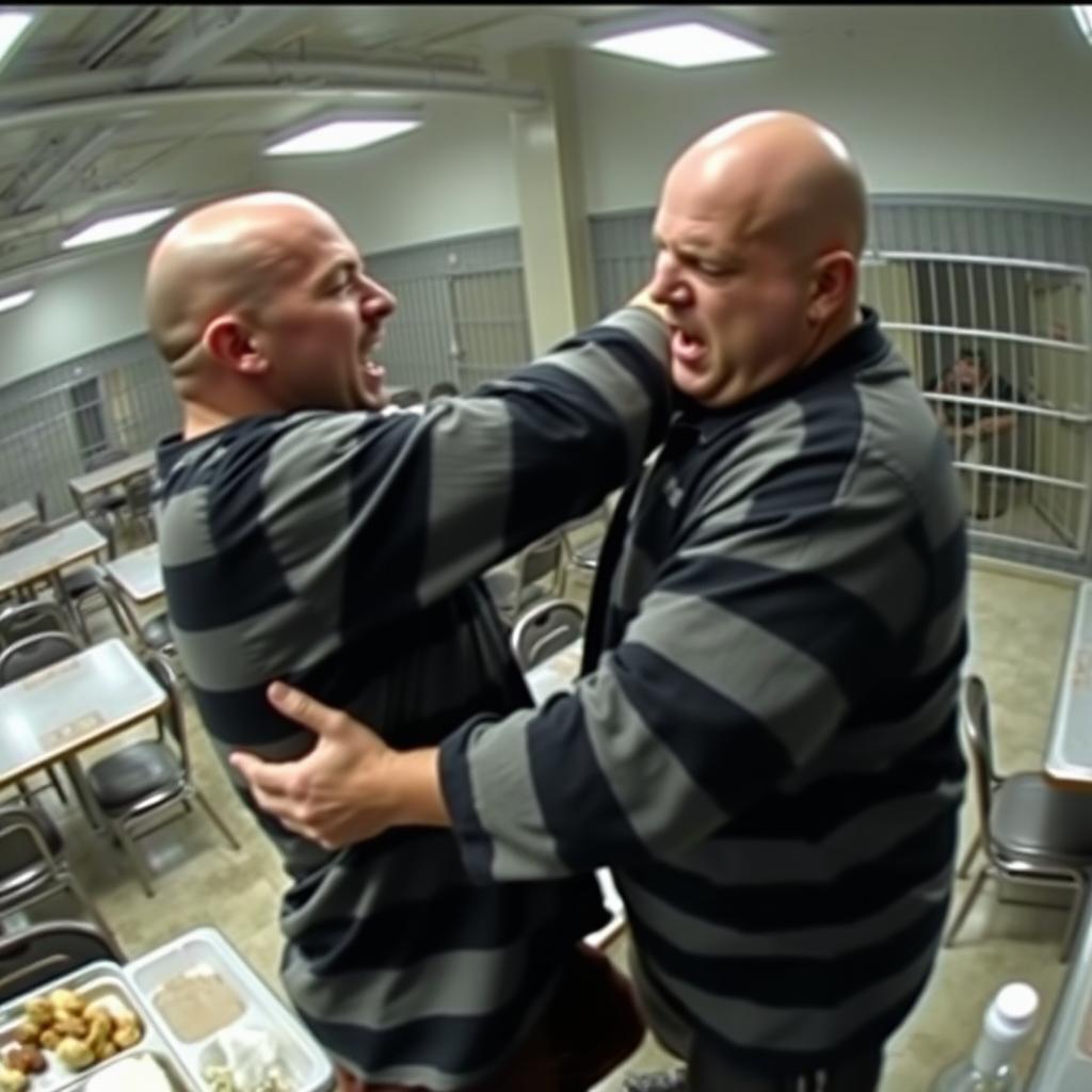 A CCTV shot in a large, industrial-style lunch area where two bald prisoners are engaged in a struggle