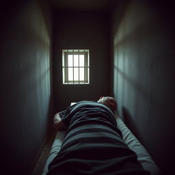A CCTV shot perspective of a bald prisoner sleeping in a dimly lit cell