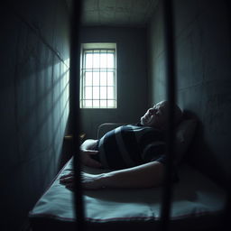 A CCTV shot perspective of a bald prisoner sleeping in a dimly lit cell