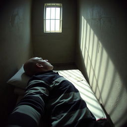 A CCTV shot perspective of a bald prisoner sleeping in a dimly lit cell
