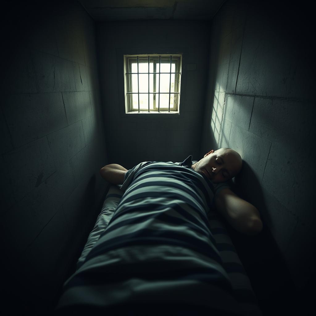 A CCTV shot perspective of a bald prisoner sleeping in a dimly lit cell