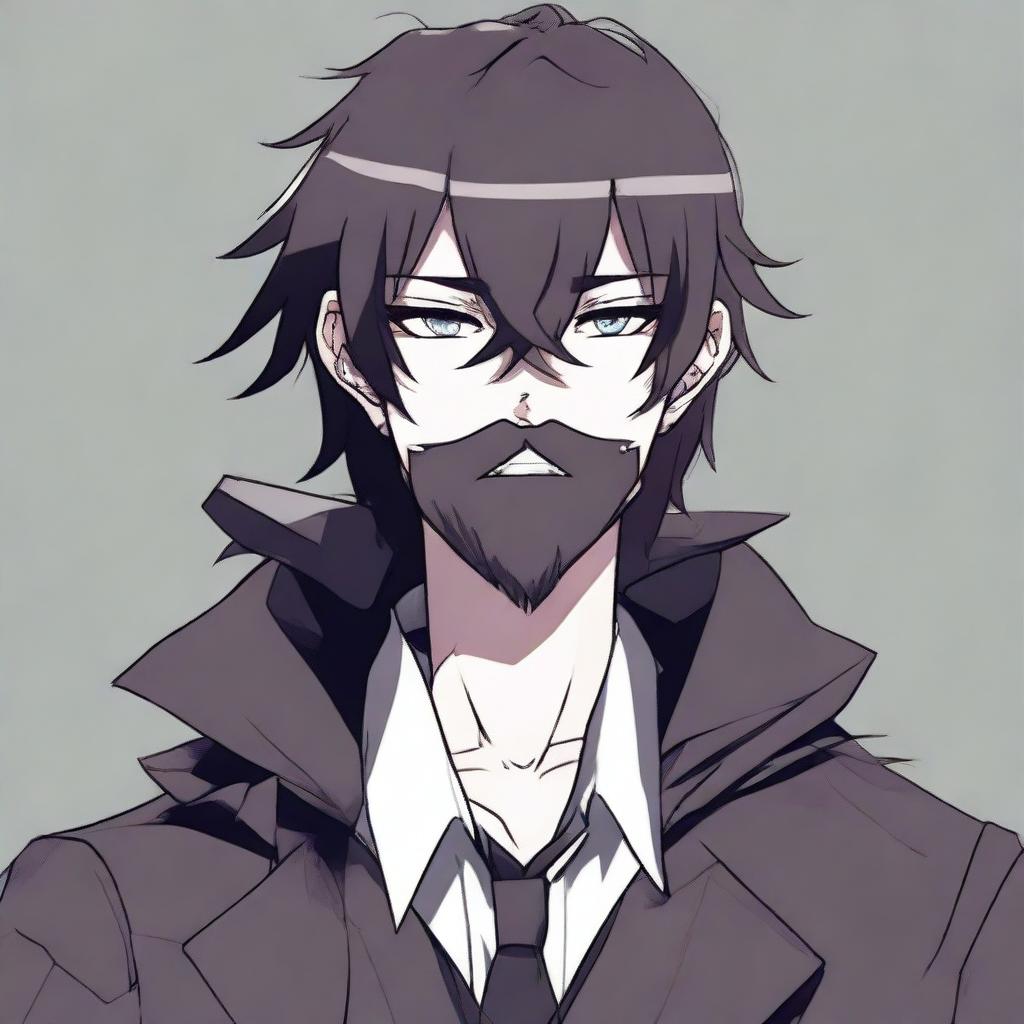 A digital art of a tall, edgy, anime-style male teenager with long emo bangs and an overwhelmingly large beard covering his mouth, garbed in schoolboy attire