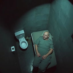 A CCTV footage-style image capturing a bald man sleeping in a prison cell