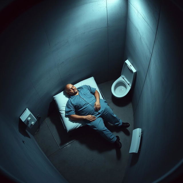 A CCTV footage-style image capturing a bald man sleeping in a prison cell