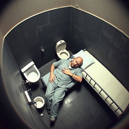 A CCTV footage-style image capturing a bald man sleeping in a prison cell
