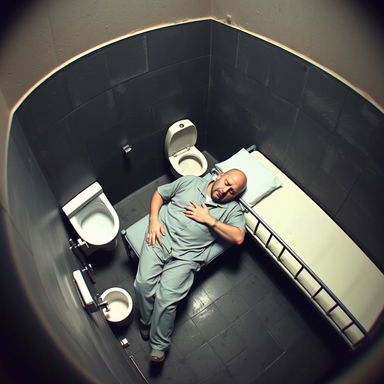 A CCTV footage-style image capturing a bald man sleeping in a prison cell