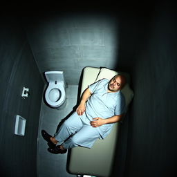 A CCTV footage-style image capturing a bald man sleeping in a prison cell