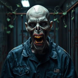 A bald zombie wearing a tattered prison guard uniform, with an eerie expression and decaying skin