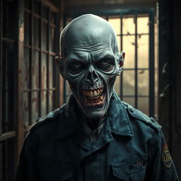 A bald zombie wearing a tattered prison guard uniform, with an eerie expression and decaying skin