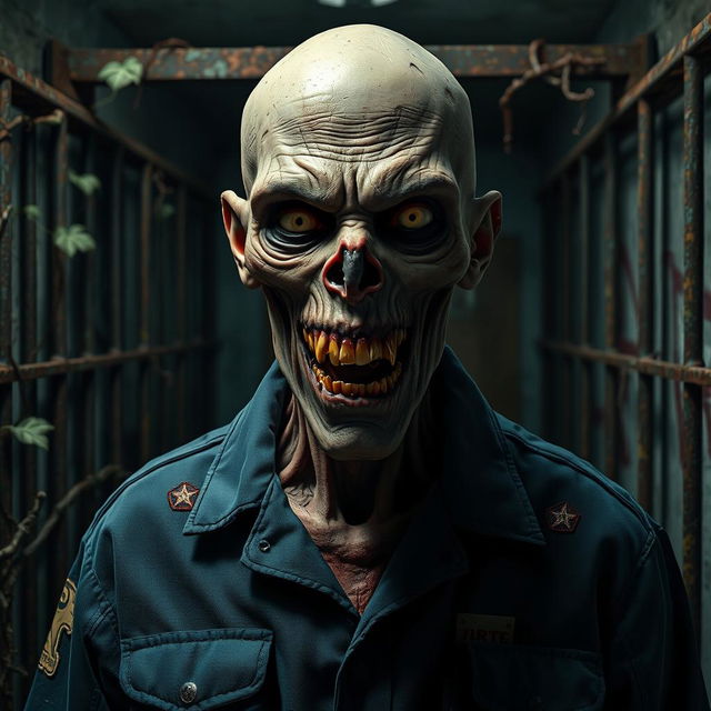 A bald zombie wearing a tattered prison guard uniform, with an eerie expression and decaying skin