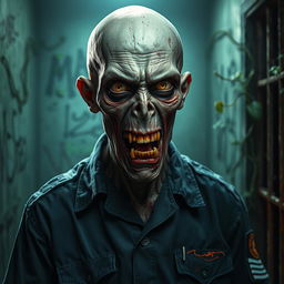 A bald zombie wearing a tattered prison guard uniform, with an eerie expression and decaying skin