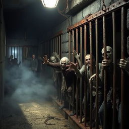 A dark, eerie prison environment featuring several zombie figures locked in rusty, old prison cells