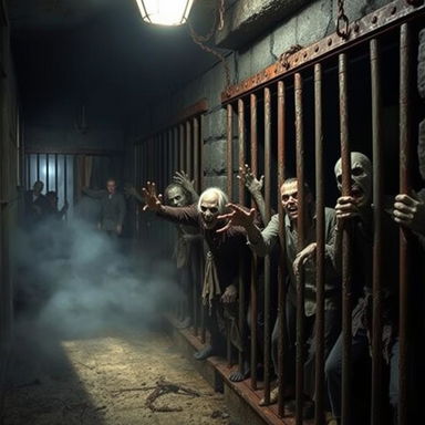 A dark, eerie prison environment featuring several zombie figures locked in rusty, old prison cells