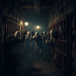 A dark, eerie prison environment featuring several zombie figures locked in rusty, old prison cells