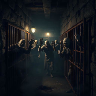 A dark, eerie prison environment featuring several zombie figures locked in rusty, old prison cells
