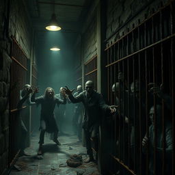 A dark, eerie prison environment featuring several zombie figures locked in rusty, old prison cells