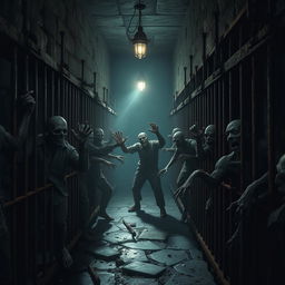 A dark, eerie prison environment featuring several zombie figures locked in rusty, old prison cells