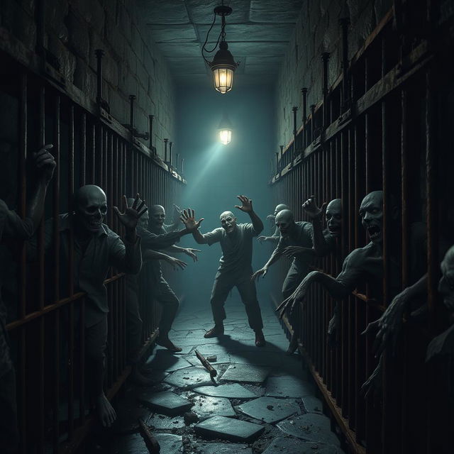 A dark, eerie prison environment featuring several zombie figures locked in rusty, old prison cells