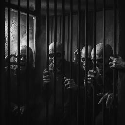 A haunting scene of zombies locked in prison cells, depicted in black and white