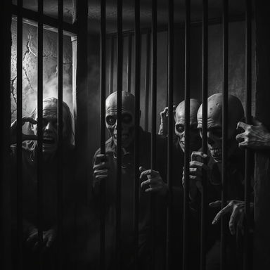 A haunting scene of zombies locked in prison cells, depicted in black and white