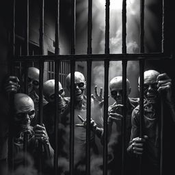 A haunting scene of zombies locked in prison cells, depicted in black and white