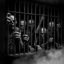 A haunting scene of zombies locked in prison cells, depicted in black and white