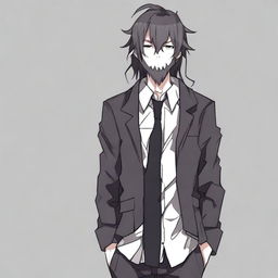 A digital art of a tall, edgy, anime-style male teenager with long emo bangs and an overwhelmingly large beard covering his mouth, garbed in schoolboy attire