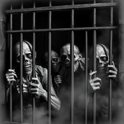 A haunting scene of zombies locked in prison cells, depicted in black and white