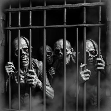 A haunting scene of zombies locked in prison cells, depicted in black and white