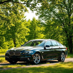 A high-quality image of a black BMW E55 parked elegantly amidst a picturesque backdrop of lush green trees, showing detailed craftsmanship of the car with sunlight filtering through the leaves, creating a serene and tranquil atmosphere