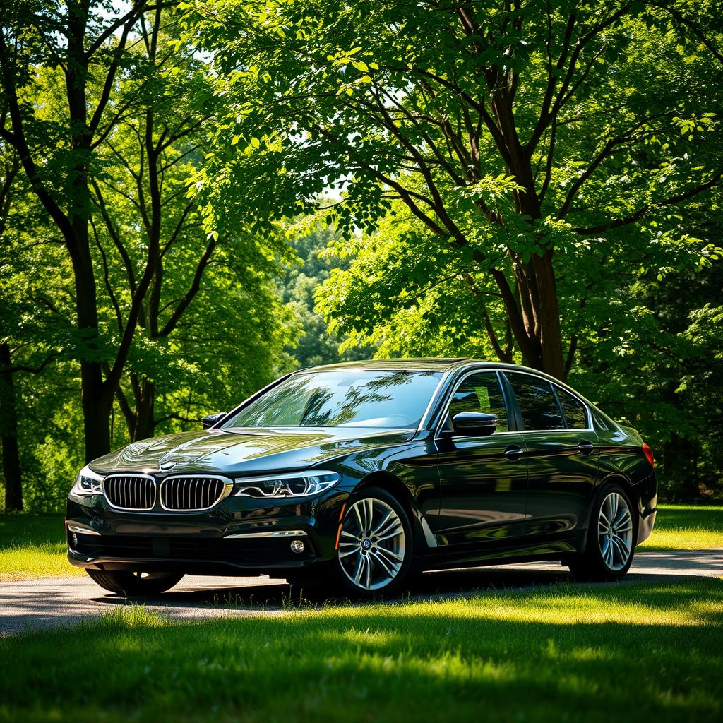 A high-quality image of a black BMW E55 parked elegantly amidst a picturesque backdrop of lush green trees, showing detailed craftsmanship of the car with sunlight filtering through the leaves, creating a serene and tranquil atmosphere