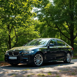 A high-quality image of a black BMW E55 parked elegantly amidst a picturesque backdrop of lush green trees, showing detailed craftsmanship of the car with sunlight filtering through the leaves, creating a serene and tranquil atmosphere