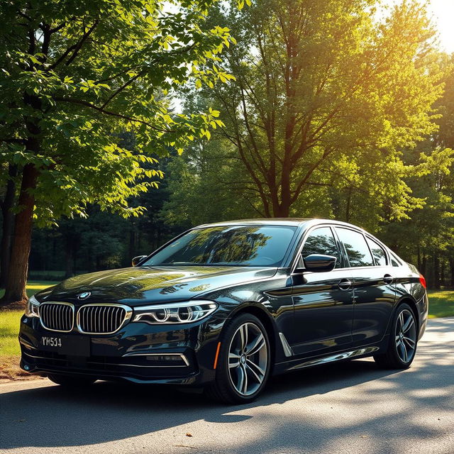 A high-quality image of a black BMW E55 parked elegantly amidst a picturesque backdrop of lush green trees, showing detailed craftsmanship of the car with sunlight filtering through the leaves, creating a serene and tranquil atmosphere