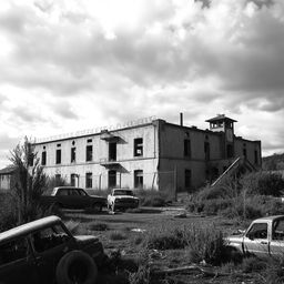 A desolate prison building set in a post-apocalyptic landscape, captured in striking black and white