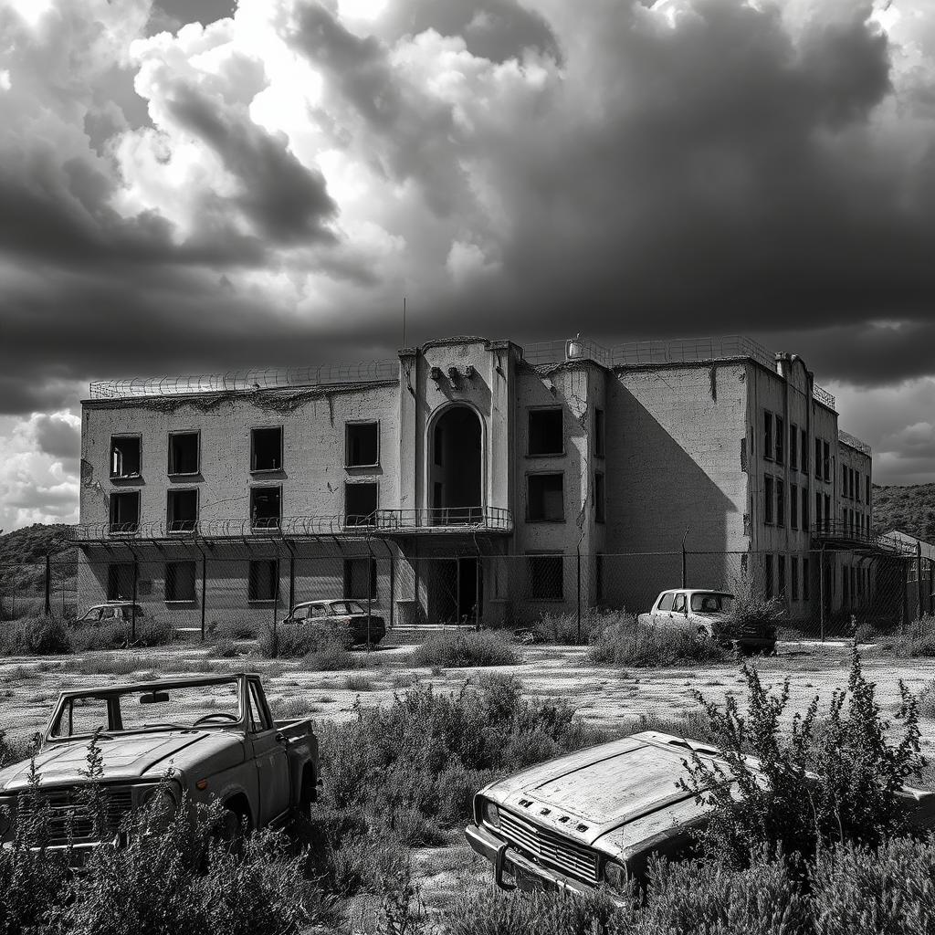 A desolate prison building set in a post-apocalyptic landscape, captured in striking black and white