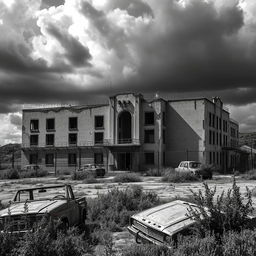 A desolate prison building set in a post-apocalyptic landscape, captured in striking black and white