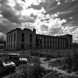 A desolate prison building set in a post-apocalyptic landscape, captured in striking black and white