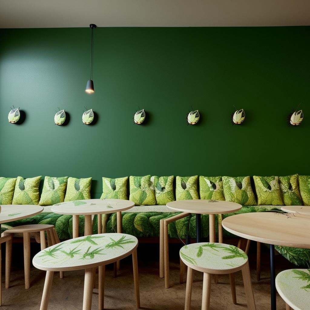 A cozy, nature-inspired cafe with grasshopper decor elements, green walls, glass tables decorated with grasshopper motifs, coffee mugs with grasshopper prints, and plush grasshopper cushions on wooden chairs.