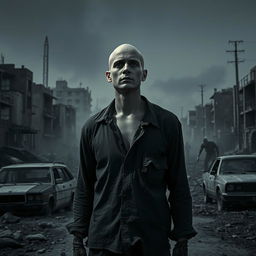 A solitary bald person standing amidst a desolate urban landscape in a zombie apocalypse, their expression reflecting despair and resilience