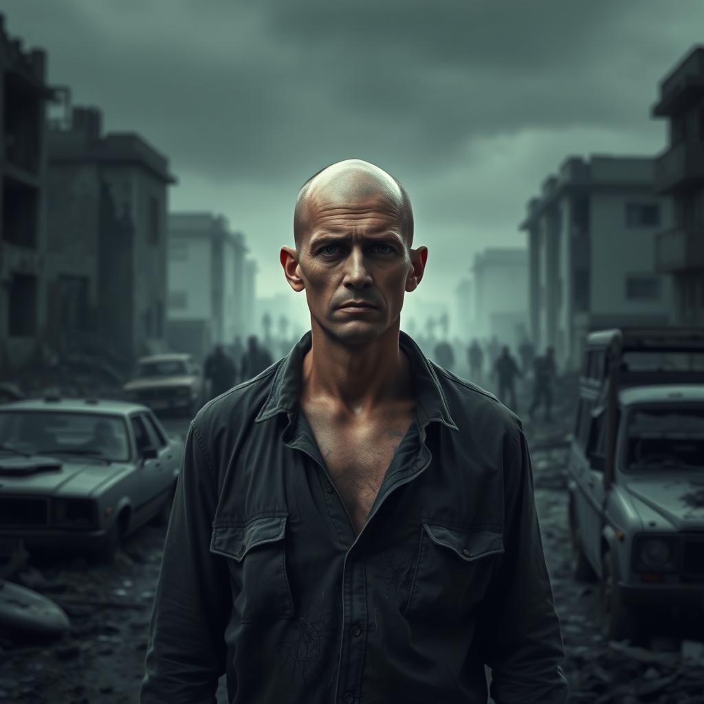 A solitary bald person standing amidst a desolate urban landscape in a zombie apocalypse, their expression reflecting despair and resilience