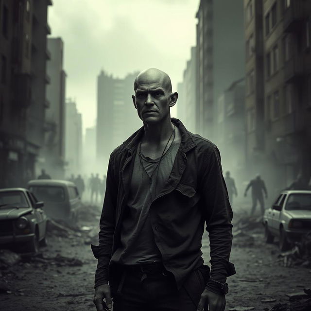 A solitary bald person standing amidst a desolate urban landscape in a zombie apocalypse, their expression reflecting despair and resilience